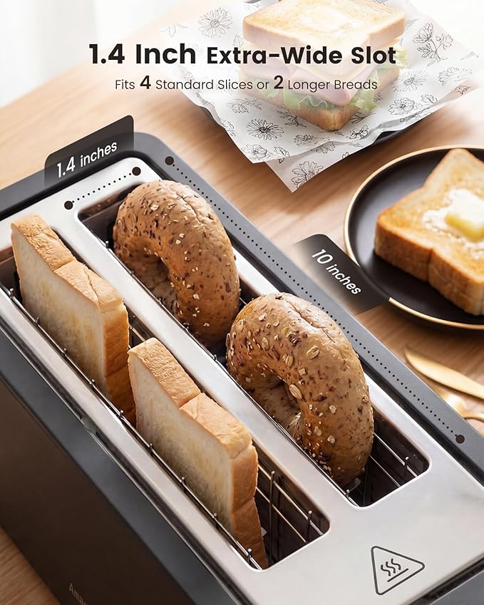 4 Slice Toaster, Long Slot Touch Screen Retro Toaster with Digital Countdown, Extra-Wide Slots for Bagels & Artisan Bread, 6 Browning Levels, 5 Bread Modes, Defrost Reheat Cancel, Stainless Steel