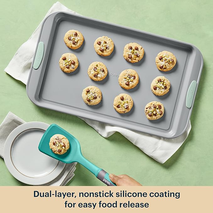 Pyrex (3-Piece) Metal Cookie & Muffin Sheet Bakeware Set, Lightweight Stainless Steel Baking Trays with Heatsafe Silicone Handles, Cookie Muffin Sheet Baking Pan, Sage