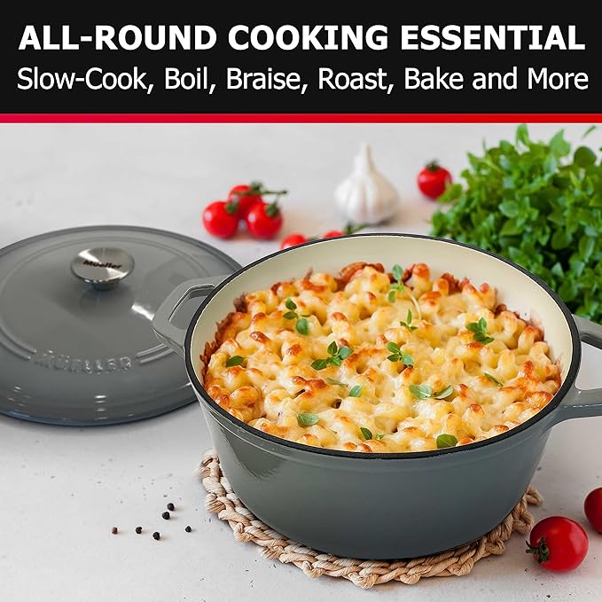 Mueller 6 Quart Enameled Cast Iron Pot Dutch Oven, Heavy-Duty Oven-Safe up to 500° F, & Across All Cooktops, Casserole Dishes for Ovens, Bread Pan with Lid and Knob, Cast Iron Cookware, Grey