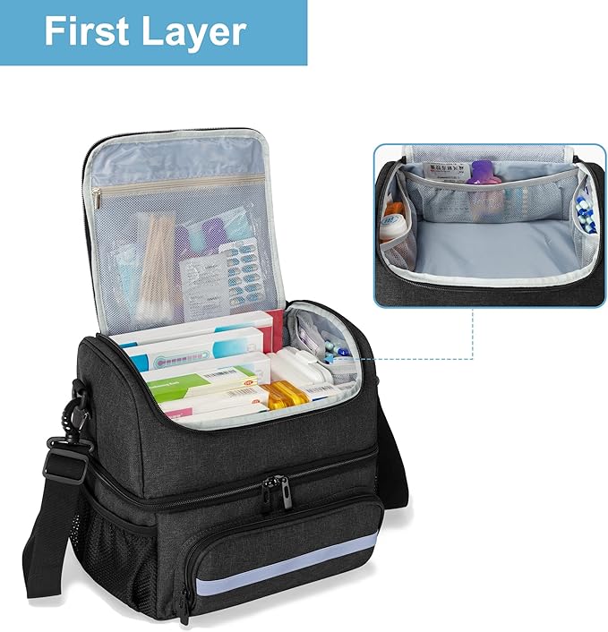 CURMIO Medicine Storage Bag, Double Layers Pill Bottle Organizer with Inner Dividers for Medication, Vitamins, Prescription Bottles, Medical Supplies, Black (Patent Design)
