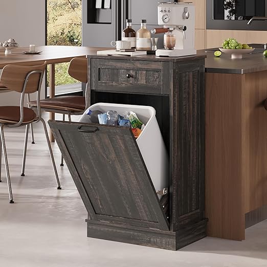 KIGOTY Tilt Out Trash Can Cabinet Trash Bin Cabinet with Hideaway Drawer Hidden Wooden Kitchen Garbage Can, Pet Proof Trash Can Holder for Kitchen (Rustic Black)
