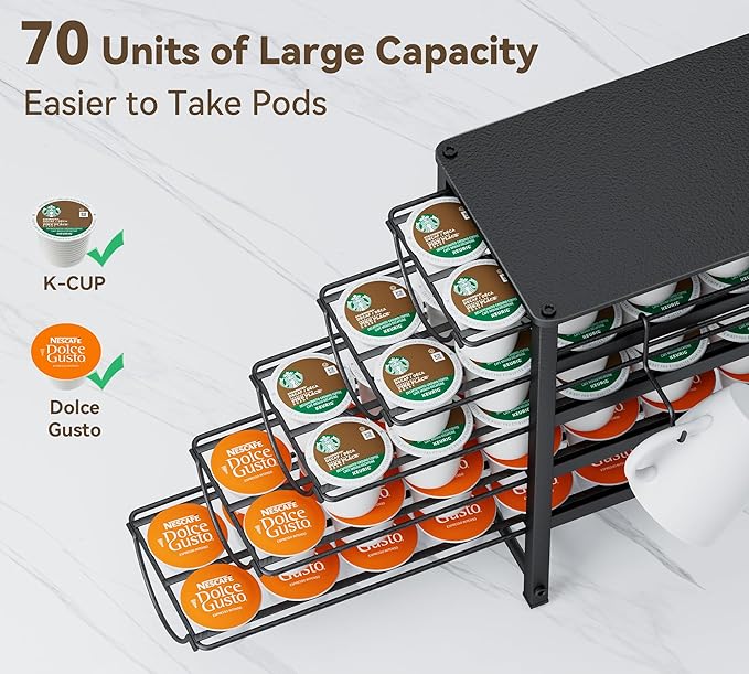 HFHOME Coffee Pod Holder For Counter, Pod Holder for K-cups, 5-tier Metal Coffee Capsule Storage Drawer, 70 Capacity Pods Organizer for Cafe Counter, Home, Office or Kitchen,3 cup rack, Black