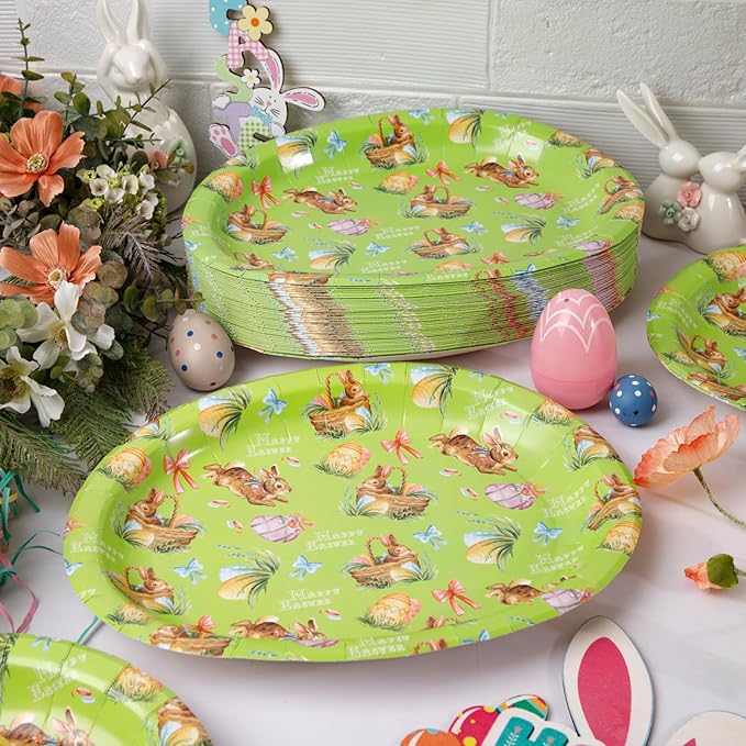 WDF 50Pack Easter Plates Oval Paper Plates - 10" x 12" Bunny Plates for Party Supplies Easter Rabbits Large Disposable Platter for Easter Serving Tray Baby Shower Birthday