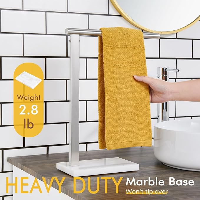 KOKOSIRI Hand Towel Holder Standing Towel Rack with Steady Marble Base for Bathroom Vanity Countertop, Brushed Stainless Steel 15.7'' Height THS0006-BR
