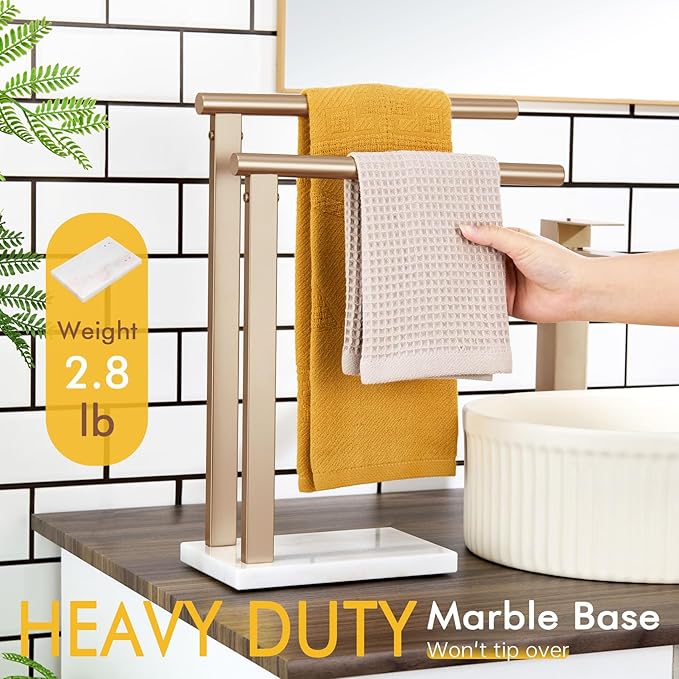 KOKOSIRI Hand Towel Racks Stand Towel Holder 2-Tier with Marble Base for Bathroom Vanity Countertop, Champagne Bronze Stainless Steel 15.7'' Height THS0007-CPG