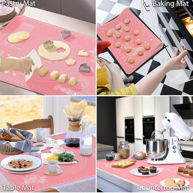 Silicone Pastry Mat 32" x 24" Extra Thick Non Stick Baking Mat with Measurements and Edge Heightening, Food Grade Silicone Rolling Mat for Pastry, Bread, Cookies, Pizza, Fondant, Pasta - Pink
