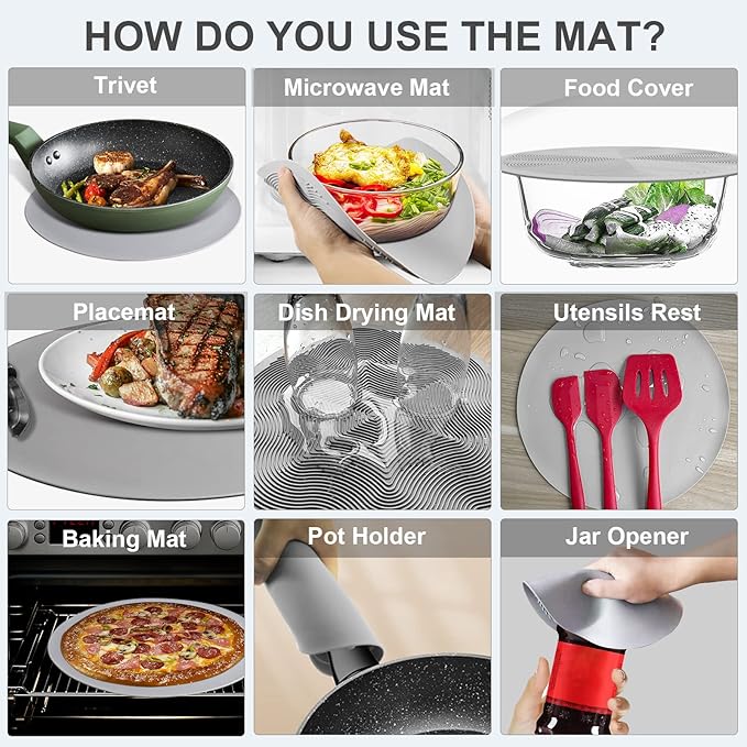 LekDrok Microwave Food Cover with Mat 12 Inch, Mat as Bowl Holder, Cover for Splatter Guard, Collapsible Lid for Plate Dish, Multi-Purpose Silicone Mat & Kitchen Colander Gadget for Meal Prep,Charcoal