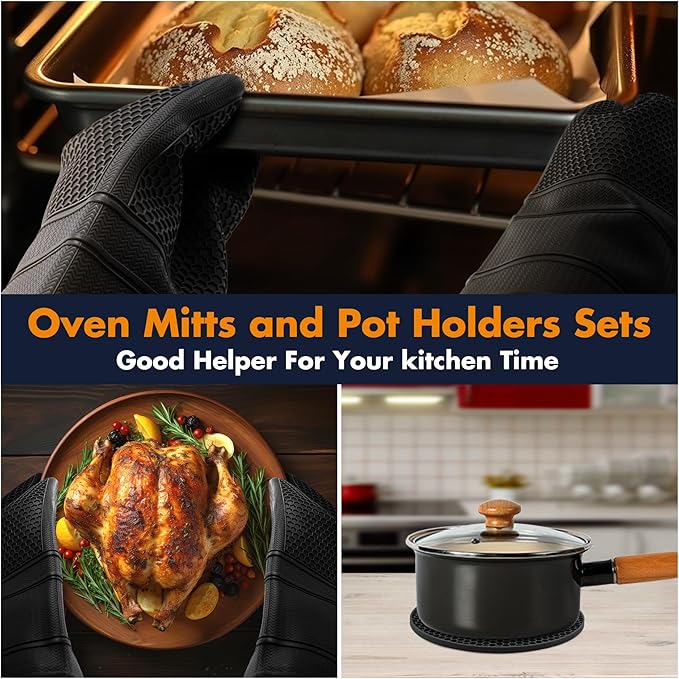 6 Pack Oven Mitts and Pot Holders Sets,Silicone Oven Mitts &Hot Pads,Long Cooking Gloves,Kitchen Trivet Mats,Kitchen Home Essentials,12.9" Mitts 7" Trivets (1*Pair Black Oven Mitts+4*Trivet)