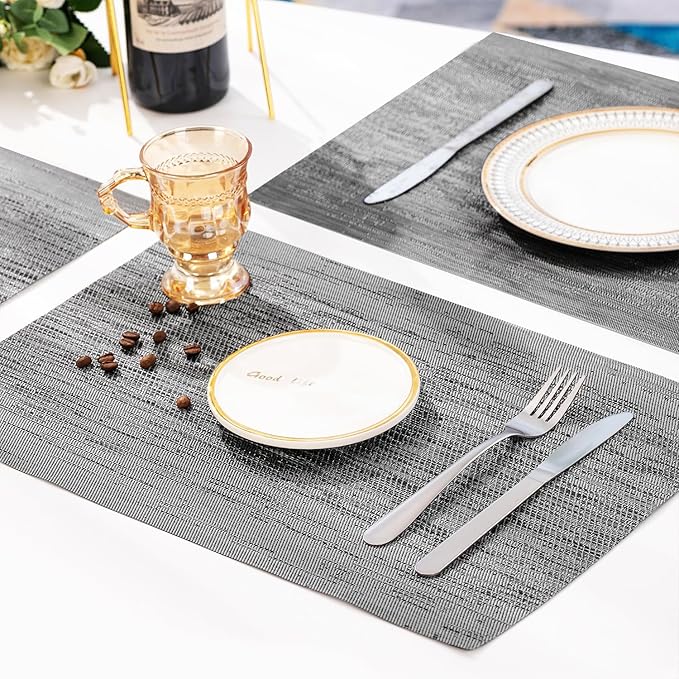 Leetaltree Grey Placemats, Heat Resistant Non-Slip Place mats for Dining Table, Washable Durable PVC Vinyl Woven Table Mats (Set of 6)