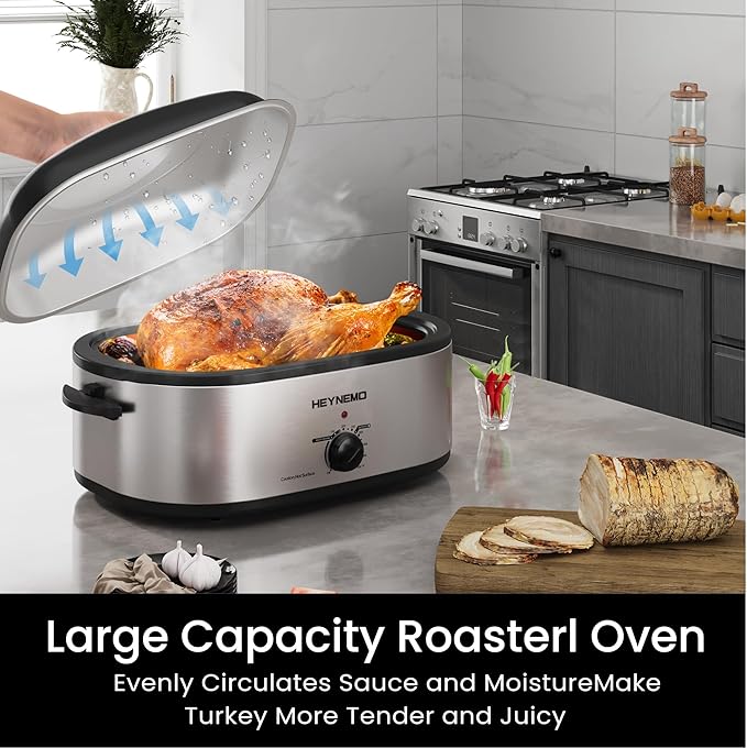 20 Quart Electric Roaster Oven with Self-Basting Lid, Turkey Roaster with Defrost Warm Function, Adjustable Temperature, Removable Pan Rack, Stainless Steel, Silver