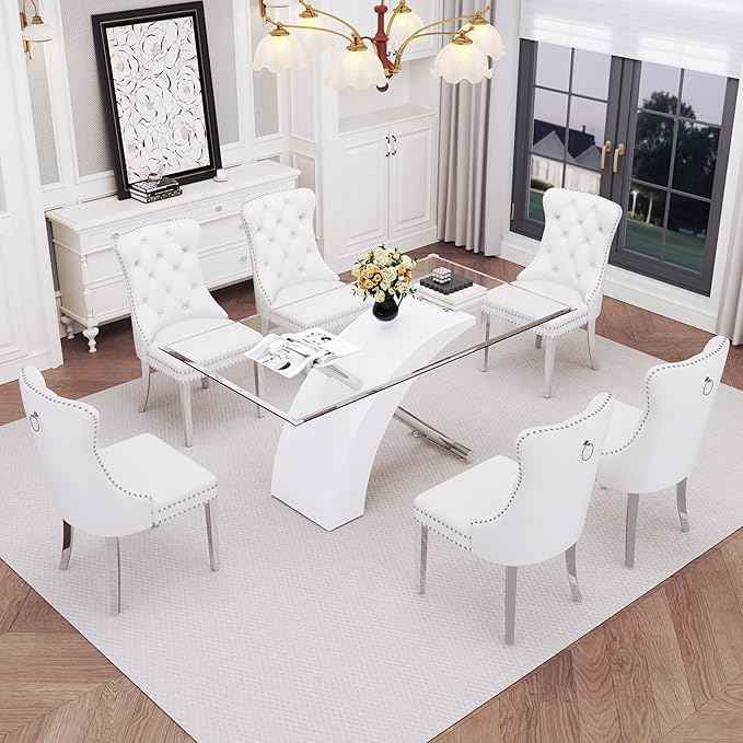 7 Piece Glass Dining Table Set for 6, 63" Modern Kitchen Table with 6 White Velvet Chairs, Tempered Glass Tabletop with White X-Shaped MDF Base, Modern Dining Room Set for Kitchen and Dining Room