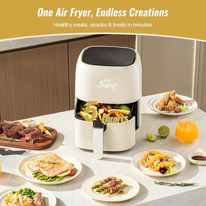 Charmi 5QT Air Fryer – Beautiful Retro Design, Stylish Countertop Look, Safe Auto Shutoff, Digital Touchscreen, 8 Cooking Presets, Digital Recipes Included(Cream White)