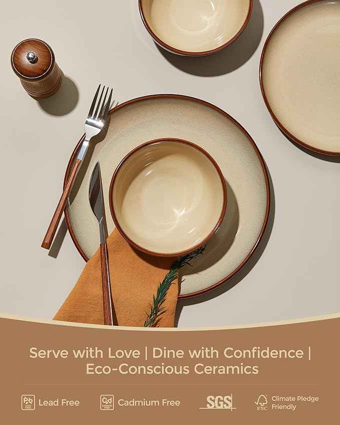 32 Piece Double Bowl Dinnerware Sets with Pasta Bowls, Highly Chip and Crack Resistant Plates and Bowls Sets, Natural Earthyware Ceramic Dishware Sets, Service for 8 Brown Yellow