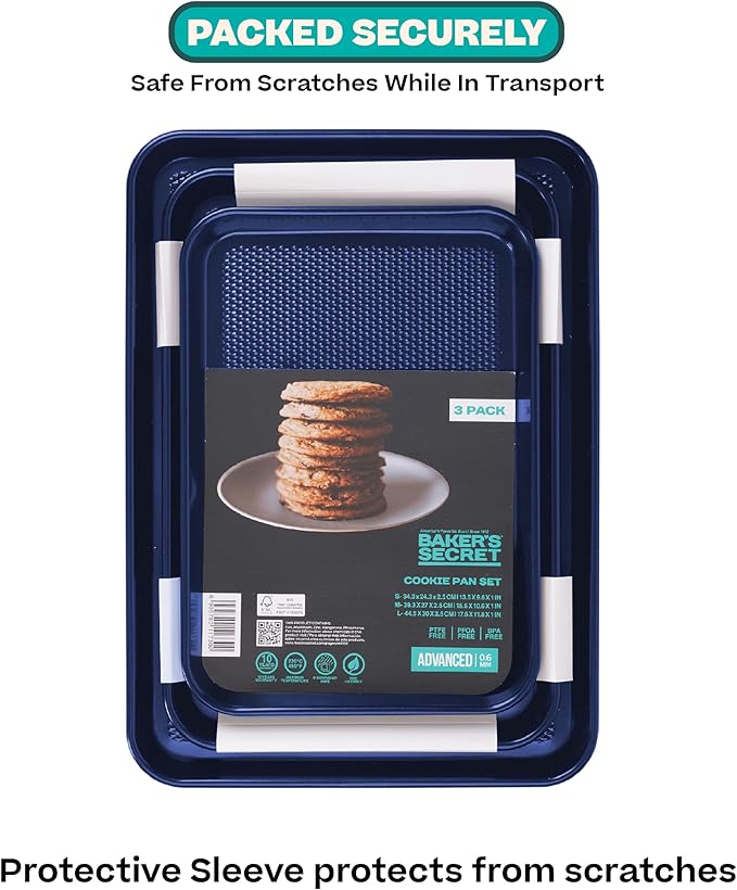 Baker's Secret Non Stick Baking Sheets, Set of 3 Cookie Sheets for Oven, Diamond Texture Premium Air Flow, Extra Thick 0.6mm, PFOA PFOS PTFE and PFAS Free Bakeware, 3 Sizes
