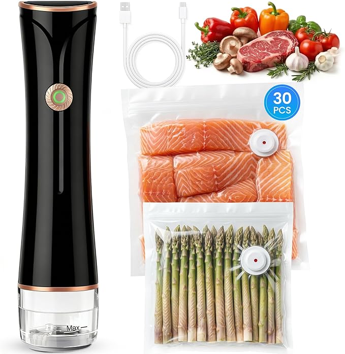 Compact Vacuum Sealer for Food with Visible Tank, Handheld Vacuum Sealer Machine, Includes 30 Reusable Bags, Seal Food 6X Fresh Longer, Wireless & Portable, Suitable for Kitchen and Travel, Black
