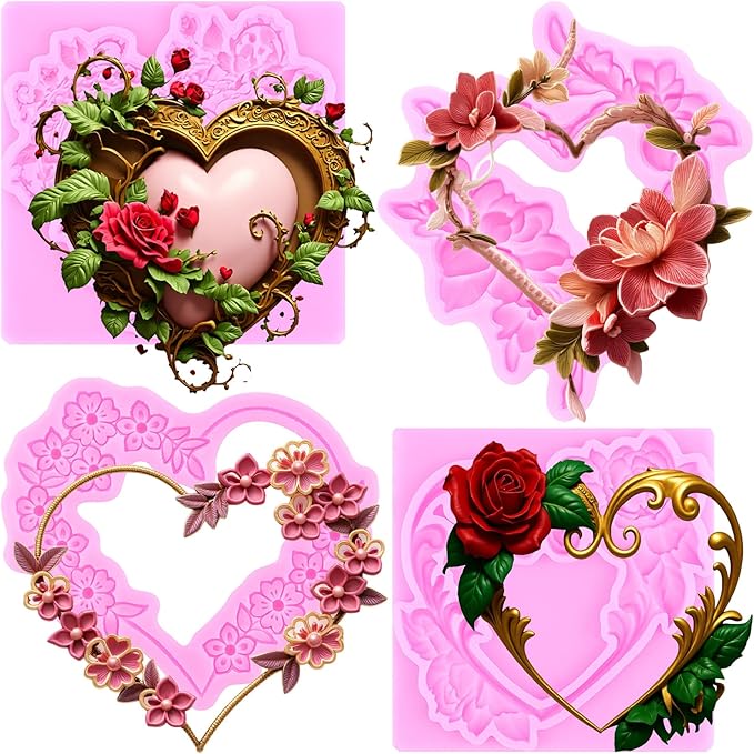 Mujiang Flower Garland Fondant Molds Floral Wreath Silicone Mold Heart Photo Frame Mold for Cake Decoration Cupcake Topper Candy Polymer Clay Gum Paste Set of 4