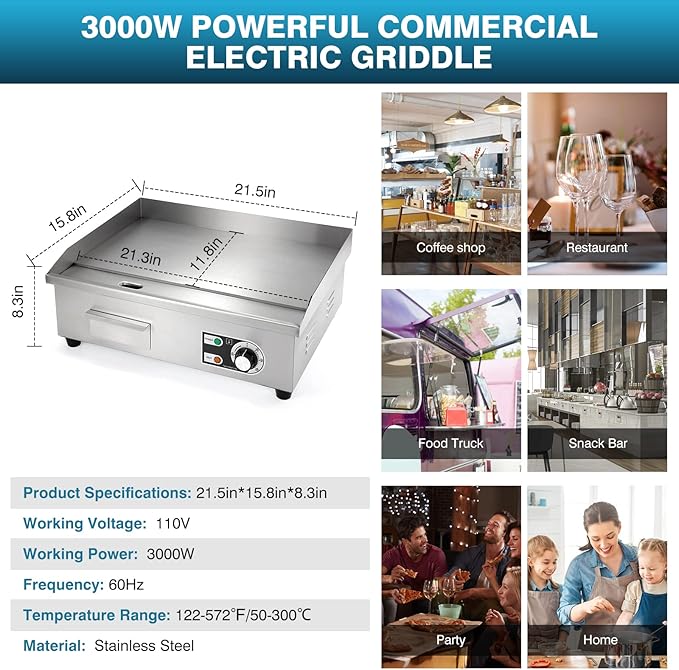 IRONWALLS Commercial Electric Griddle 22”, 3000W Electric Flat Top Griddle Grill Indoor with 122~572℉ Adjustable Temperature Control, Non-stick Stainless Steel Teppanyaki Grill for Restaurant, Hotel