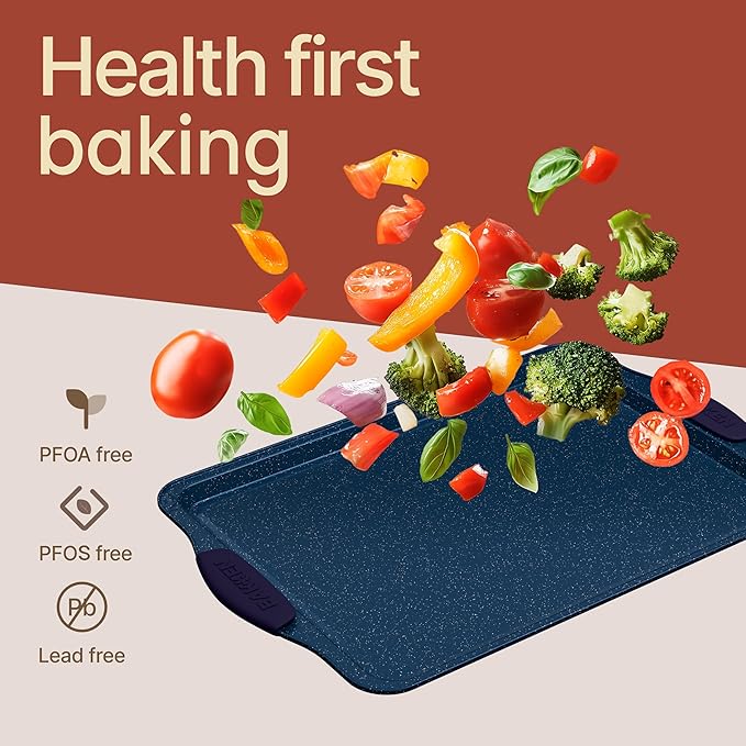 BAKKEN Kitchen Baking Pan Set - Nonstick Coating, Carbon Steel Bakeware Sets with Blue Silicone Handles, Baking Kitchen Essentials, PFOA, PFOS, PTFE Free, Oven Safe Tray (Up To 450° F), Set of 18