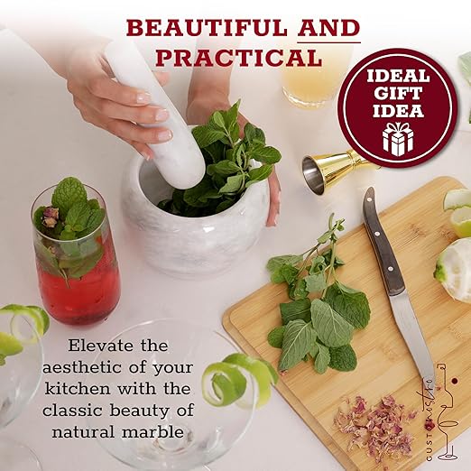 Gusto Nostro Natural Marble Mortar and Pestle Set Small| 4 Inch - 1.5 Cup | Mini Mortar Pestle Set for Grinding Herbs, Nuts, Grains | Pesto Grinding and Guacamole Stone Bowl | Marble Spice Crusher