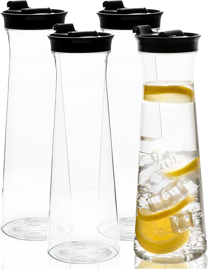 Clear Plastic Water Pitchers Carafes with Flip top Black Lids 34 OZ Heavy Duty Beverage Pitcher Jug for Juice or iced Coffee Great for Mimosa bar Restuarants ot Schools Pack of 4