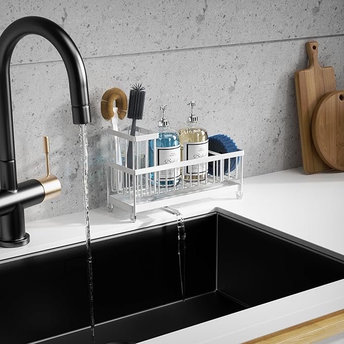 Moforoco Extra Large Kitchen Sink Caddy, Rustproof Sponge Holder with High Brush Holder, Stainless Steel White Kitchen Caddy Sink Countertop Organizer, Sponge Caddy for Kitchen Sink