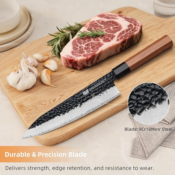 FINDKING Chef’s Knife 8 Inch, All Purpose Cooking Knife with High Carbon Steel Hammered Blade, Rosewood Octagonal Handle, for Meat, Fish, Fruits and Vegetables, Dynasty Series