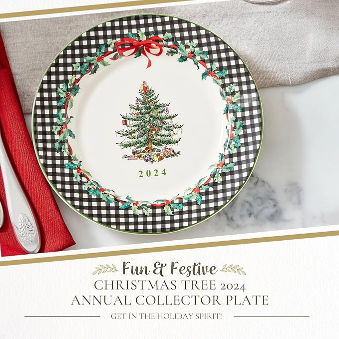 Spode Christmas Tree 2024 Annual Collector Plate - Exclusive Border with Red Ribbon & Black Check, Seasonal Display or Holiday Tableware Use, 8" Porcelain - Great Holiday Gift