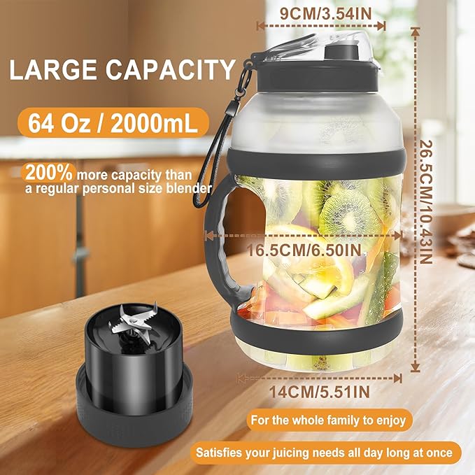Portable Blender Personal Juicer for Shakes and Smoothies, 64 Oz On-The-Go Small Blender, Single Serve Blenders, Smoothie Maker with Type-C Rechargeable, Cordless (Black)