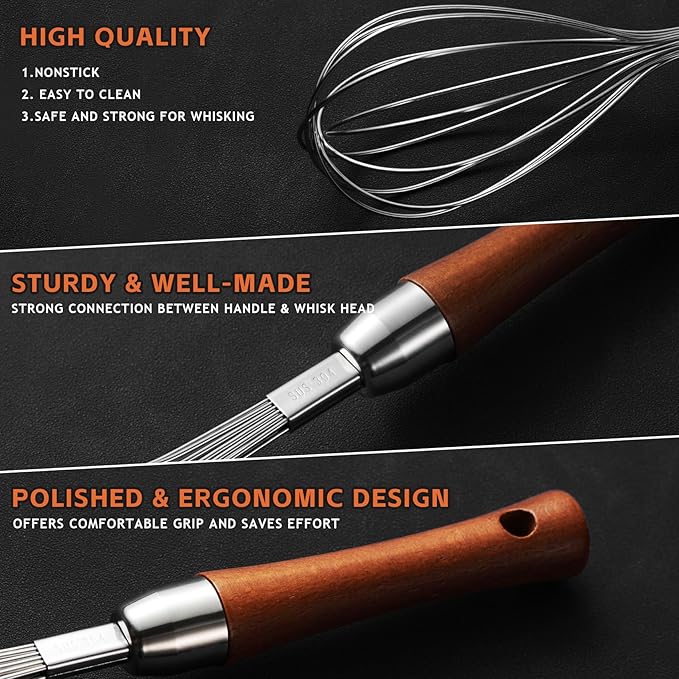 Stainless Steel Wire Whisk - Wooden Handle Kitchen Whisk - Balloon Whisk Egg Beater for Stirring Whisking Blending Mixing Egg Gravy Cake Batter Flour or Sauces.