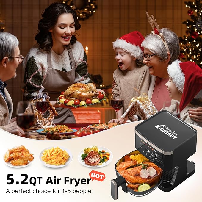 APSARAS USA Air Fryer Glass, 5.2QT Convection Oven Glass Air Fryer Non Toxic, Transparent Fry Bowl | Cook Shrimp, Steak, Fries, Wings, Chicken & More | Precise Temperature Control & Time