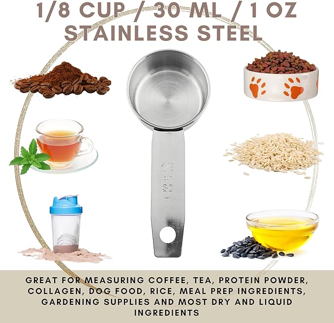 1/8 Cup Stainless Steel Measuring Cup | Sturdy Metal 30 ml | 30 cc | 1 oz | Single Cup for Wet and Dry Ingredients | Great for use as 1/8 Cup Coffee Scoop - 12 PK