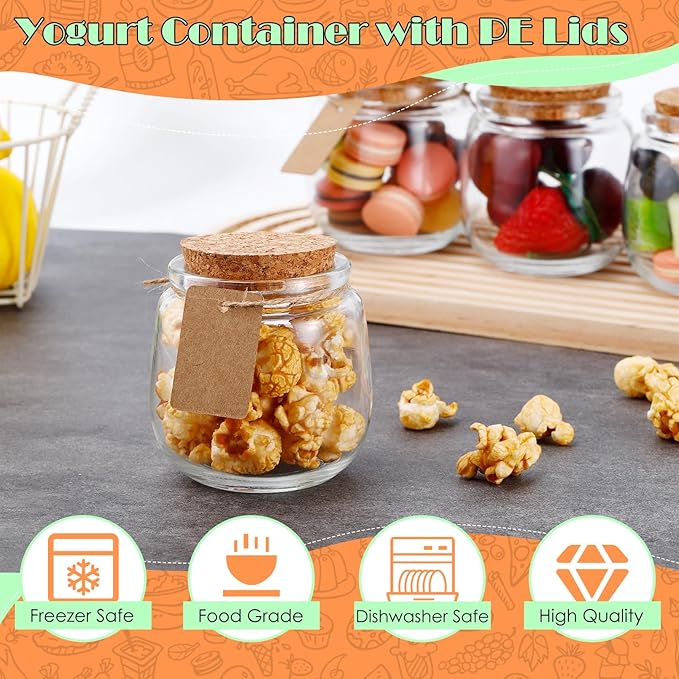 40 Pack Small Glass Jars, 7oz Mini Yogurt Jars with Cork Lids and PE Lids, Small Bottles with Label Tag and Twine, Glass Pudding Jar for Wedding Favors, Baby Shower, Milk, Jam, Honey