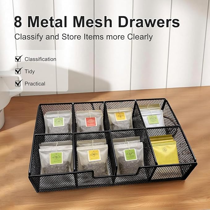 Tea Bag Organizer Wood Tea Organizer with 8 Compartments Storage Chests Tea Station Chest Display Container Box for Countertop Kitchen