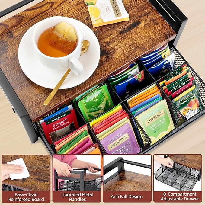 Tea Bag Organizer, Tea Bag Holder Organizer with 8-Compartment Adjustable Drawer, Wood & Metal Tea Box Organizer Chest for Countertop Kitchen, Office