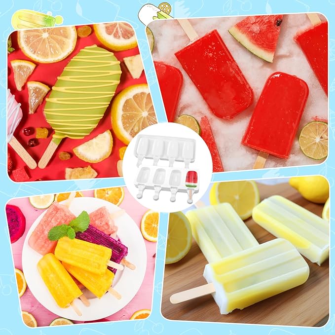 2 Set Silicone Popsicle Molds 4 Cavities Ice Cream Oval Cake Molds with 100 Sticks, Reusable Ice Pop & Cakesicle Mould for Kids, DIY Frozen Treats, Summer Snacks, Parties Favors, Easy Release (White)