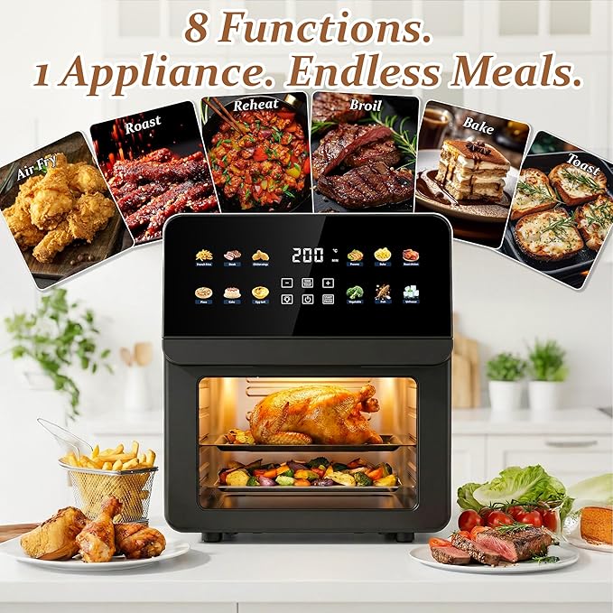 10QT Air Fryer Oven, 8-in-1 Air Fryer Toaster Oven Combo with 8 Presets, Family Size Countertop Oven with 2 Baking Racks & Gloves for Roasting, Baking, and Air Frying, Easy to Clean
