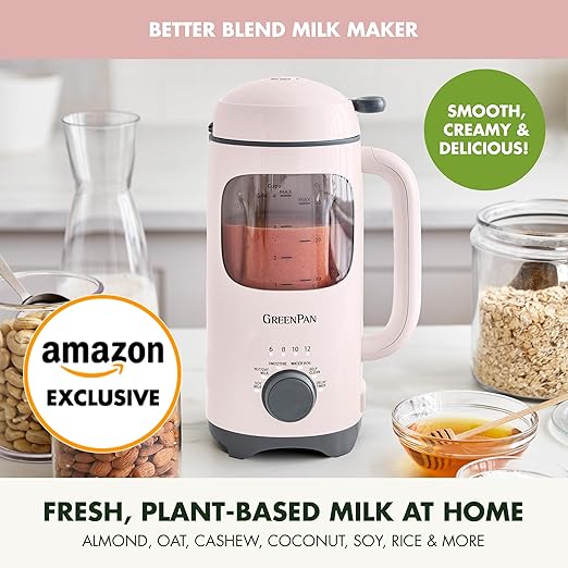 GreenPan Nut Milk Maker, 15-in-1 Homemade Soy, Almond, Oat, Coconut, Non-Dairy, Rice, Soup, Baby Food, BPA-Free, Smooth Creamy Texture, Self Clean, Barista Quality Milk, Delay Start, Boil Water, Pink