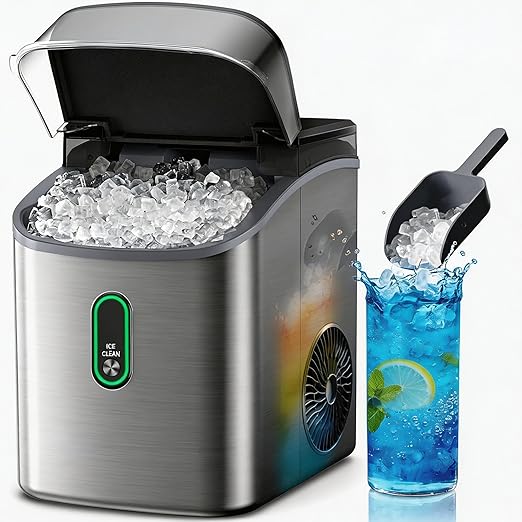 Silonn Nugget Ice Maker Countertop-Soft Chewable Pebble Ice Machine with One-Click Operation & Self-Cleaning Function, 33lbs Ice Per 24 Hours, Stainless Steel Design for Home, Kitchen & Bar