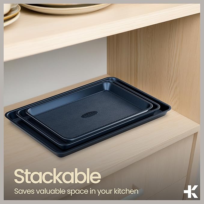 BAKKEN Kitchen Baking Pan - Small, Medium, and Large Cookie Sheet (13.58×9.65, 15.75×11, 17.91×12.60), Nonstick, Diamond Texture Bottom, PFOA, PFOS, PTFE Free, Oven Safe Tray (450°F), Pack of 3, Blue