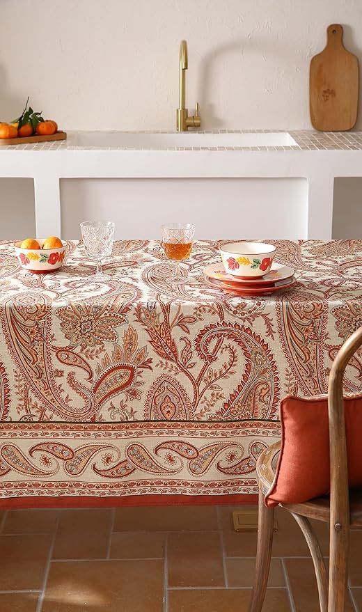ISAENNE Designer French Red Extra Long Tablecloth Rectangle,Linen Table Cloth with Cashew Pattern,Stain Proof Decor Tablecloths for Dining Thanksgiving Kitchen Christmas,63"*110"-Chauffrey D