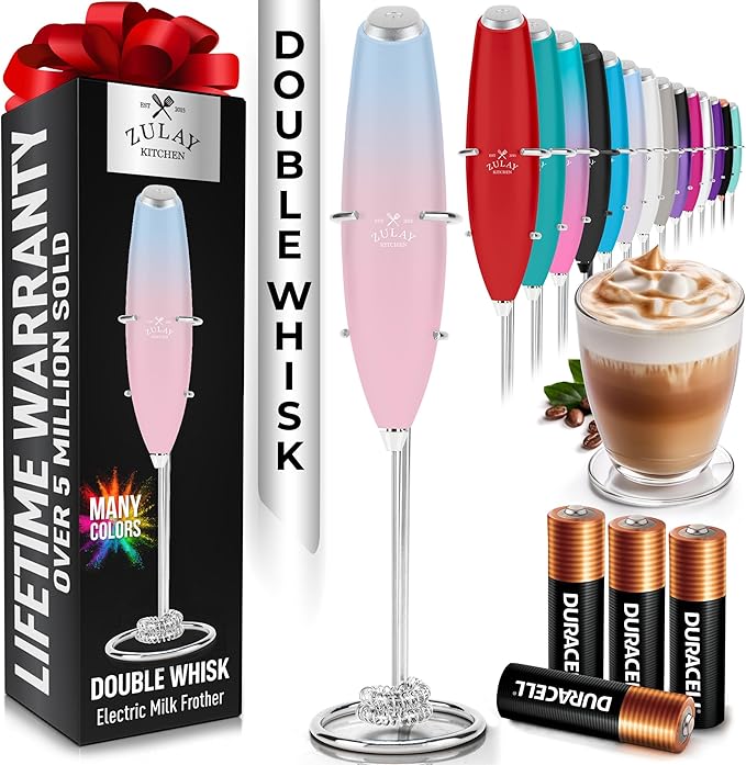 Zulay Kitchen Whisk Milk Frother with 4 Duracell Batteries - Powerful Handheld Foam Maker for Coffee, Lattes, Matcha, Hot Chocolate & Cappuccinos - Whip Creamy Froth in Seconds
