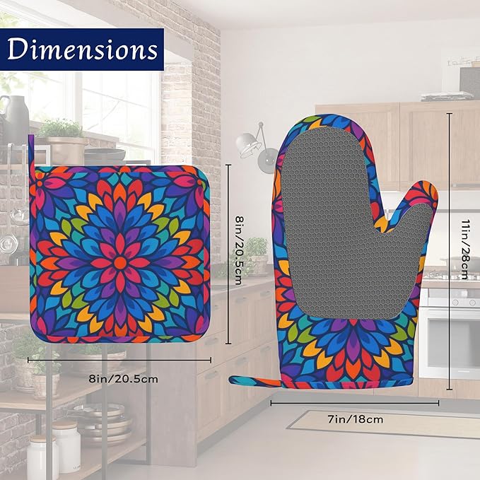 Boho Mandala Floral Potholders & Oven Mitts Sets Colourful Abstract Silicone Heat Resistant Oven Mits and Hot Pads Non-Slip Pot Holders Gloves for Kitchen Chef Cooking Baking Grilling BBQ