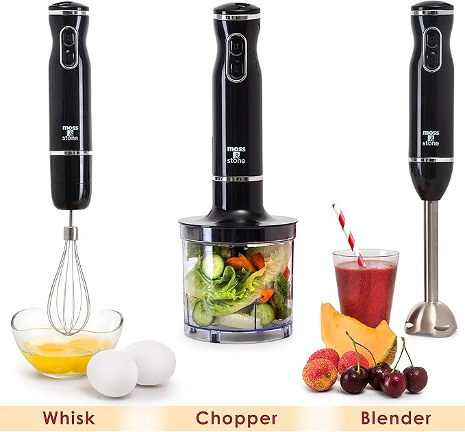 Moss & Stone Electric Hand Blender Set, 300W Immersion Hand Blender with Whisk and Chopper, Stainless Steel Shaft and Blades, 2-Speed Handheld Mixer with Ergonomic Grip, Black