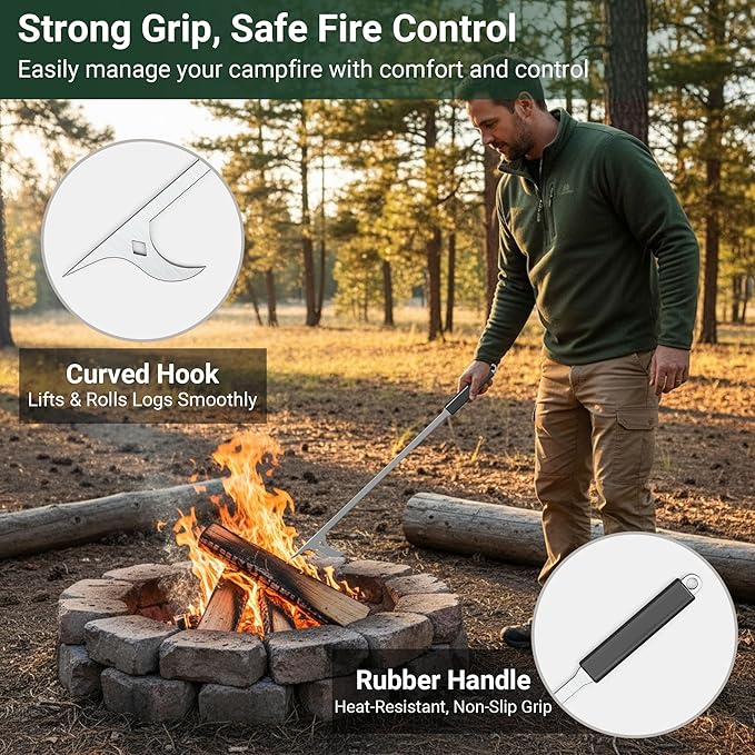 Tredre Fire Tongs and Fire Poker Set, Stainless Steel Fire Pit Tools for Outside, Heavy Duty Fireplace Tongs Log Grabber for Campfire, Wood Stove, Rust-Resistant Firewood Tong Set
