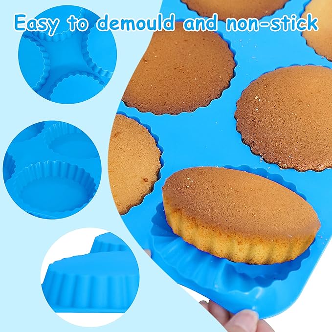 Sidosir 3Pcs 4 Inch Tart Cake Pan Mold, Mini Peanut Butter Cup Molds Silicone, Non-Stick Chocolate Mold for Making Brownies, Silicone Round Molds Corrugated Side for Cupcakes