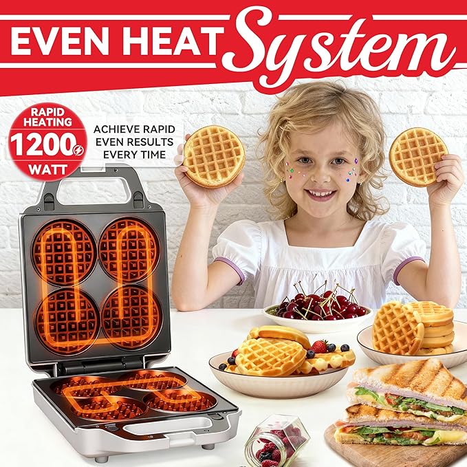 SugarWhisk 2 in 1 Mini Waffle Maker with Removable Plates, Panini Press Sandwich Maker, Sandwich Press, Waflera Electrica, Sandwichera Electrica, 4 X 4 Inch Classic Waffle Maker for Kids, White