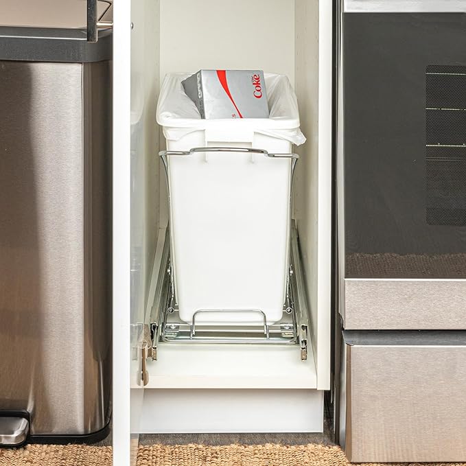 Household Essentials Glidez Chrome-Plated Steel Pull-Out/Slide-Out Discreet Single 5 Gallon Plastic Trash Can for Under Cabinet Use - Fits Standard Size Cabinet, Chrome and White