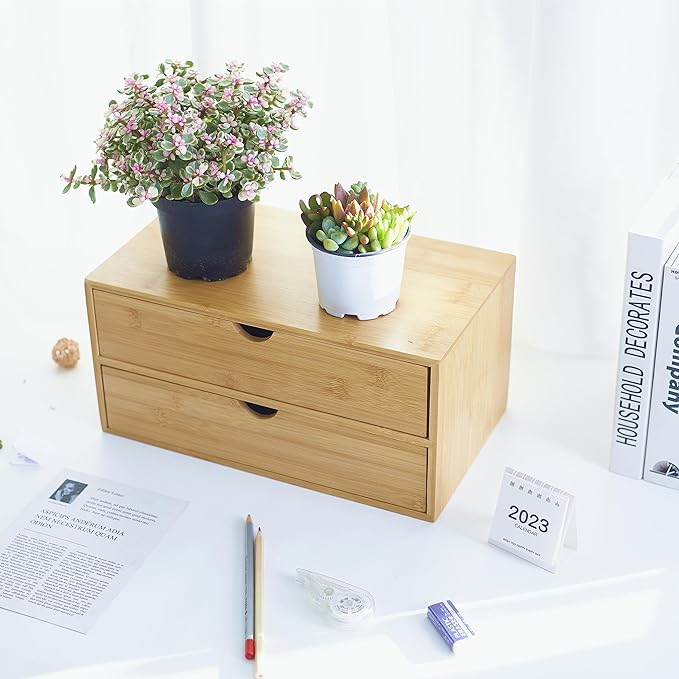Charmewooden Bamboo Desk Organizer with Drawers, Countertop Organizer with Drawers Makeup Storage Drawer 2 Drawers Tabletop Storage Organization Box Home Office Workspace Bathroom Toiletries Supplies