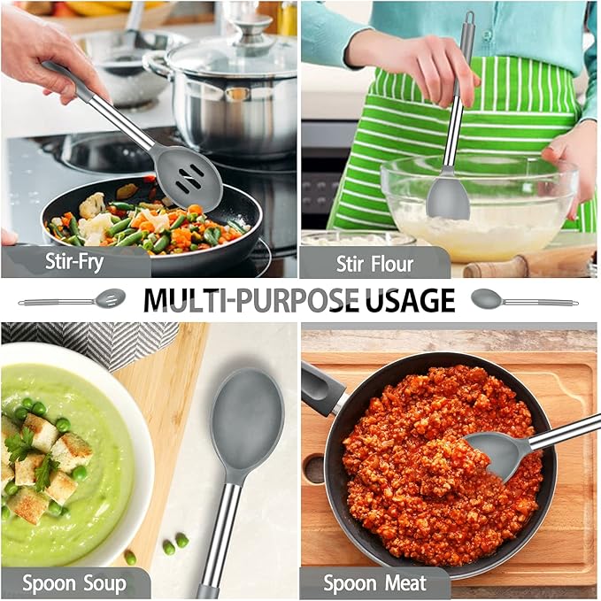 Pack of 2 Large Silicone Cooking Spoons, Non-Stick Stainless Steel Slotted and Solid Spoon Set for Serving, Mixing, Draining, Heat Resistant, Scratch Resistant and BPA Free Kitchen Scoops (Grey)