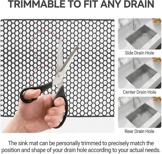 Sink Protectors for Kitchen Sink - 28.34" x 15.74" Silicone Sink Mat - Can DIY Drain Holes - Non-slip Heat Resistant Liner for Bottom of Farmhouse Porcelain Stainless Steel（Grey）